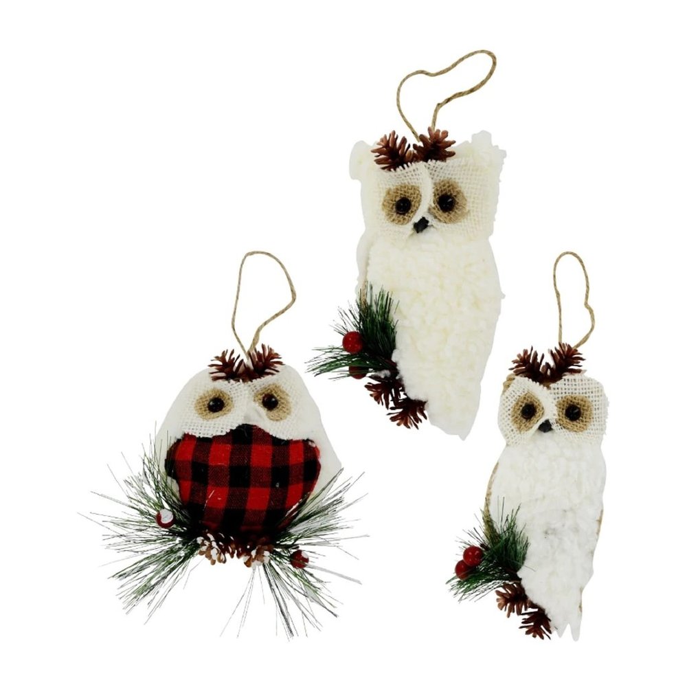 Set of 3 White Buffalo Check Rustic Farmhouse Christmas Owl Ornaments